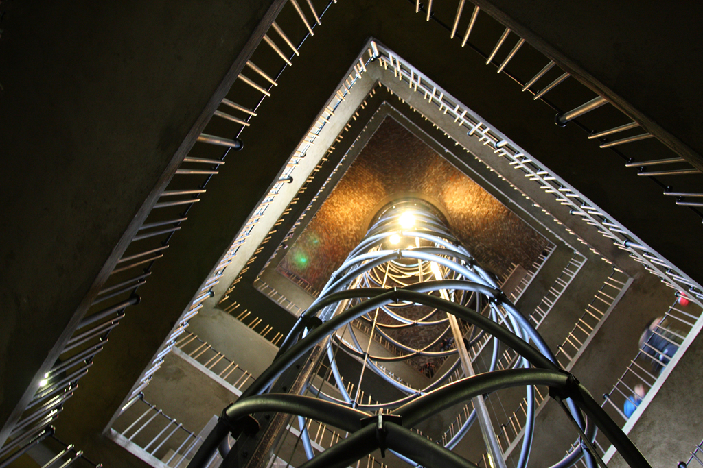 Looking up the liftshaft in the Town Hall Tower in Prague