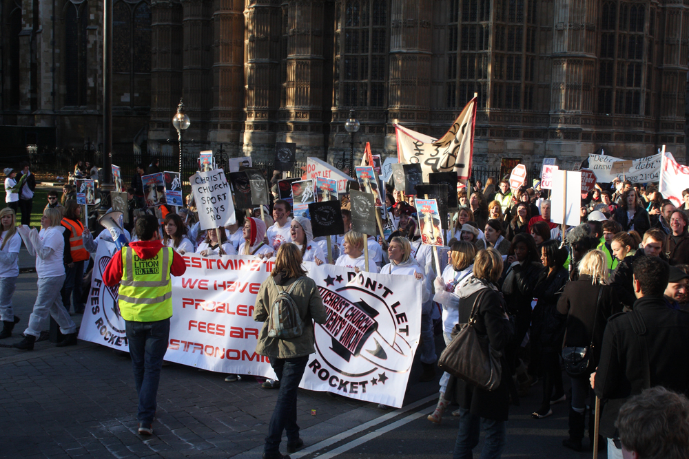 Students outside the Houses of Parliment protesting against education cuts.