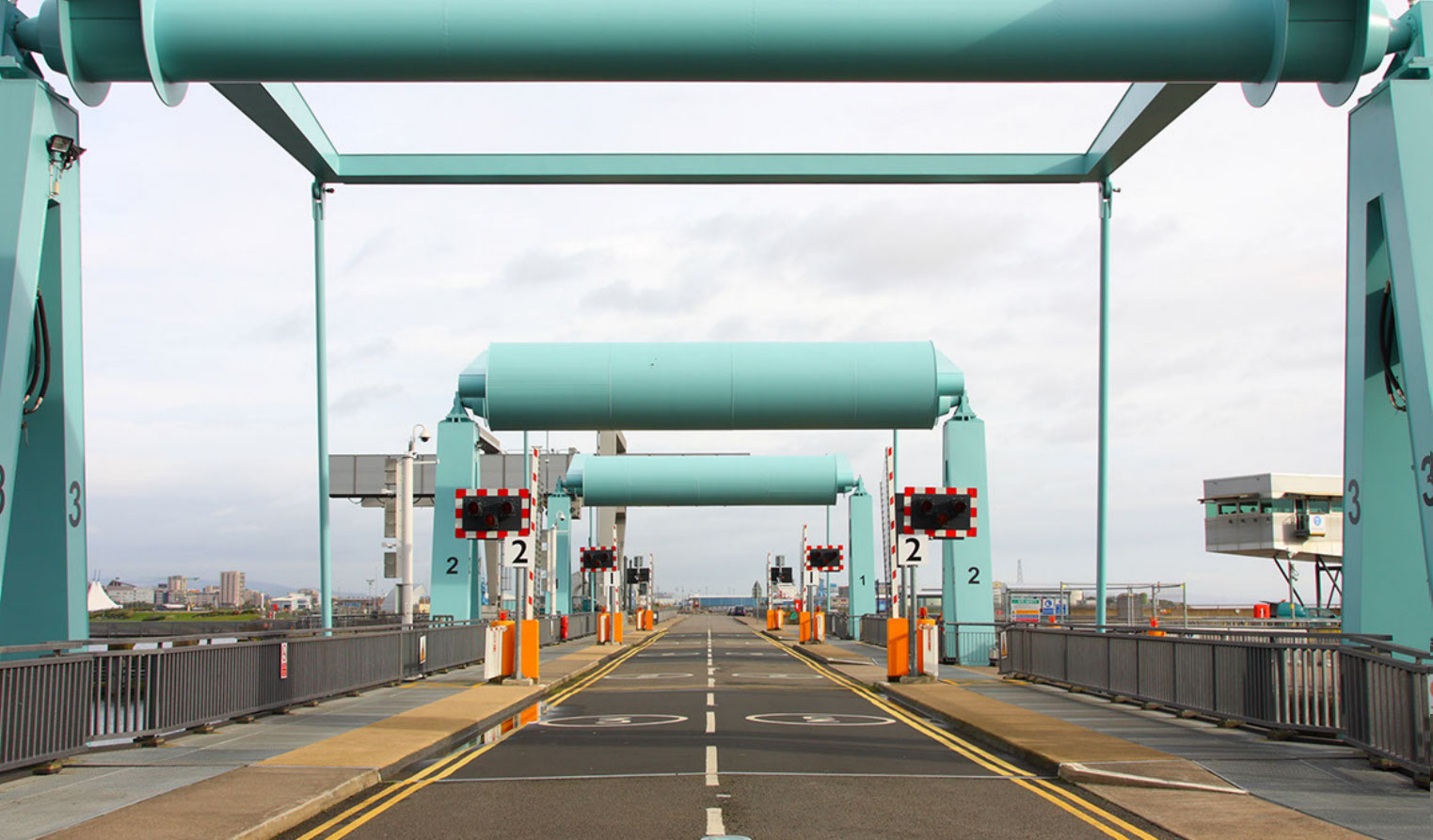 Lifting bridge over locks in Cardiff Bay Barrage.