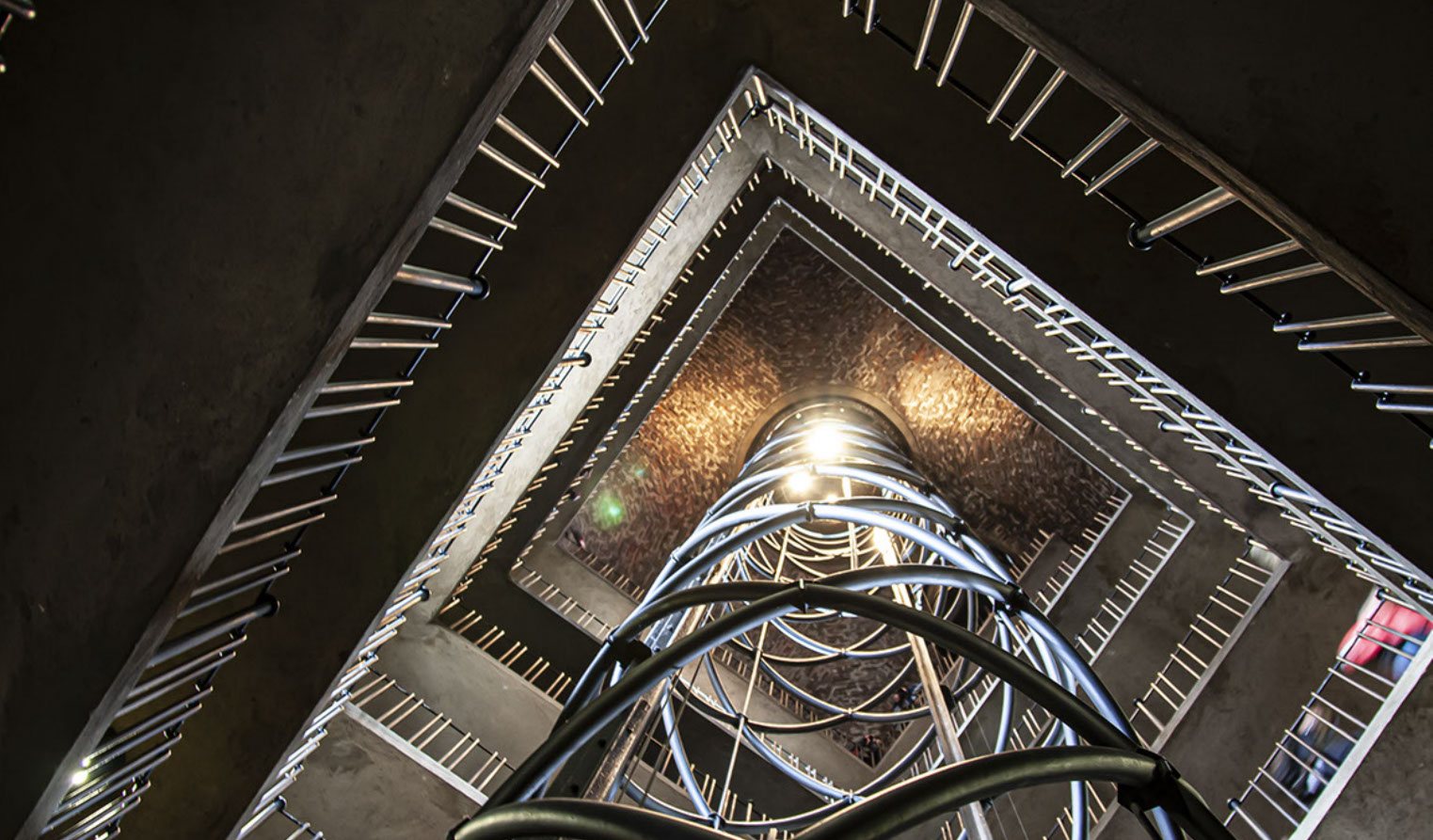 Looking upwards into open lift tower in Town Hall,&nbsp; Prague.