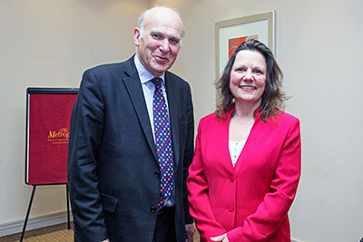 Coverage of visit by Vince Cable to Llandrindod Wells Chamber of Trade and Tourism